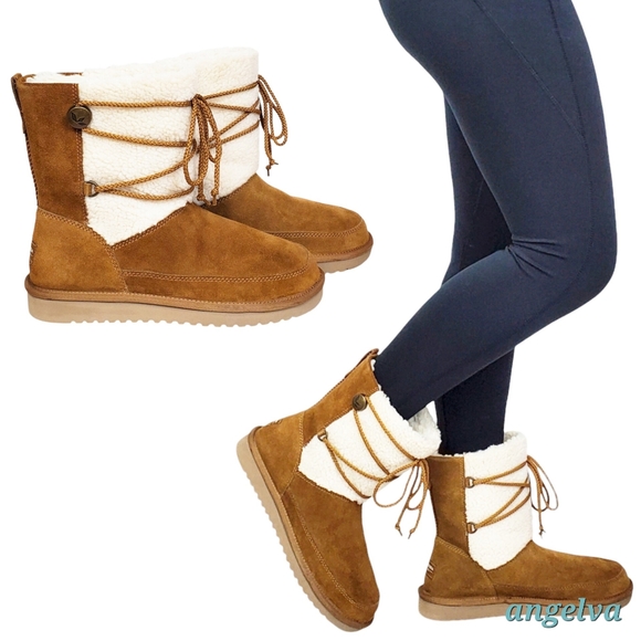 New Koolaburra Ugg michon short boots chesnut suede faux fur pull on lace winter - Picture 3 of 16